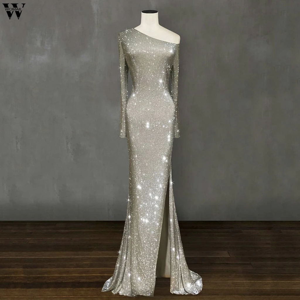 Серебряное длинное платье макси с открытыми плечами 2019 Сетчатое облегающее