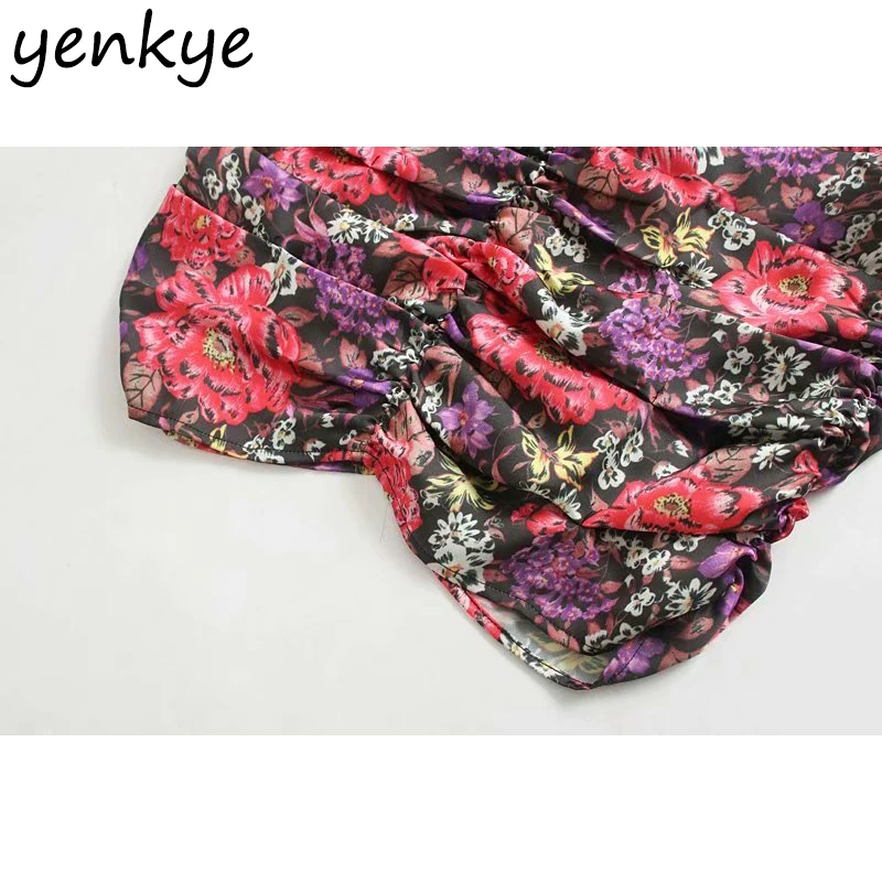 Женское винтажное мини-платье с цветочным принтом V-образным вырезом | Женская