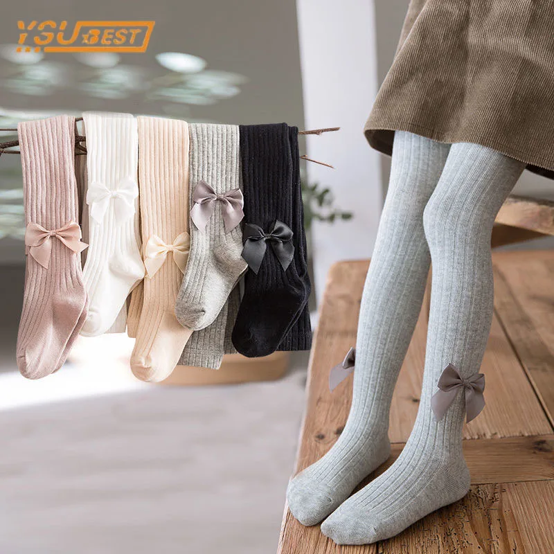 

Spring Autumn Korean Style Vertical Stripe Bowknot Toddler Baby Girl Leggings Solid Color Pantyhose Bottomed Leggings