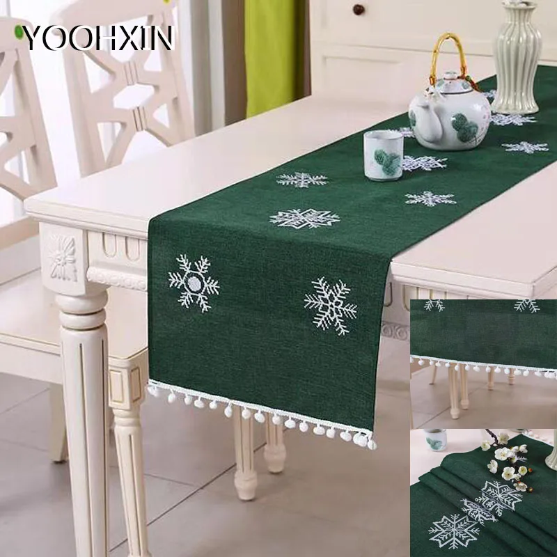

Luxury linen snowflake art Embroidery bed Table Runner flag cloth cover Lace tablecloth Christmas kitchen party decor