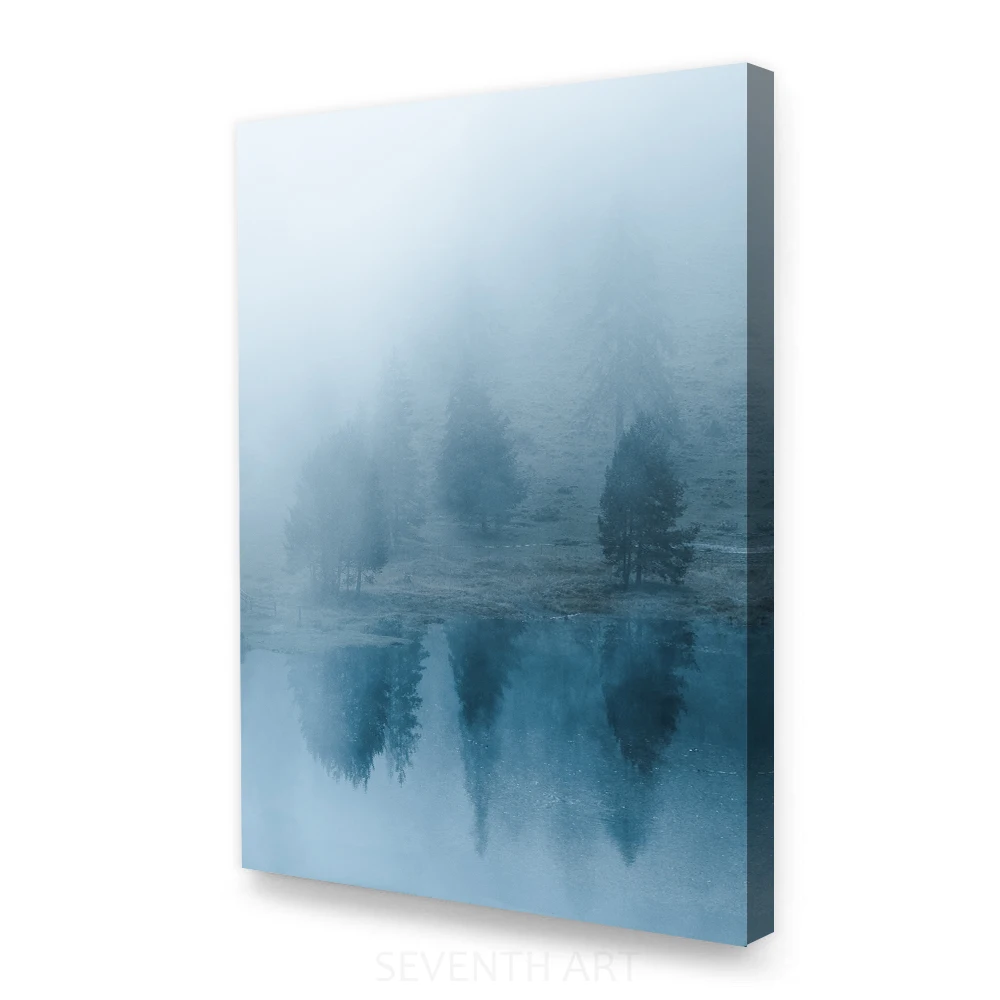 

Modern Fog Forest Canvas Painting Reflection In The Lake Landscape Poster and Prints for Living Room Wall Decor with Wood Frame