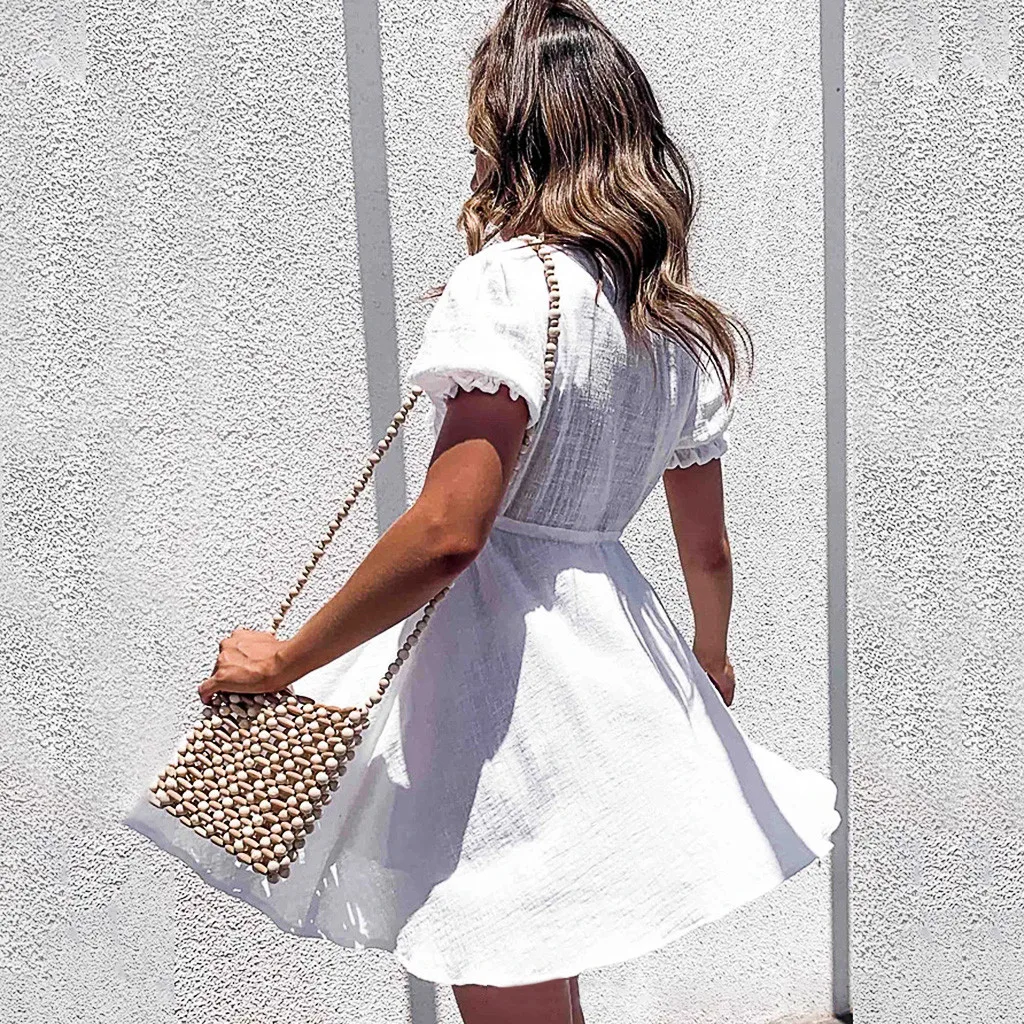 Женское летнее элегантное шифоновое платье с V-образным вырезом однотонное