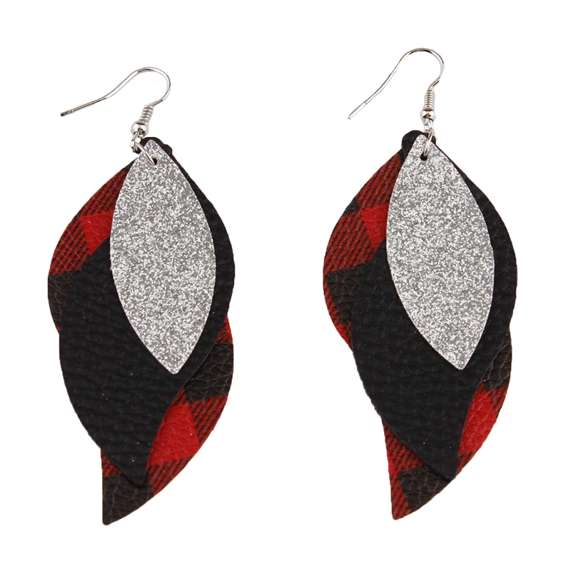 

ZWPON Layered Plaid Pattern Leaf Glitter Leather Earrings Women Fashion Curve Statement Earrings Jewelry Wholesale
