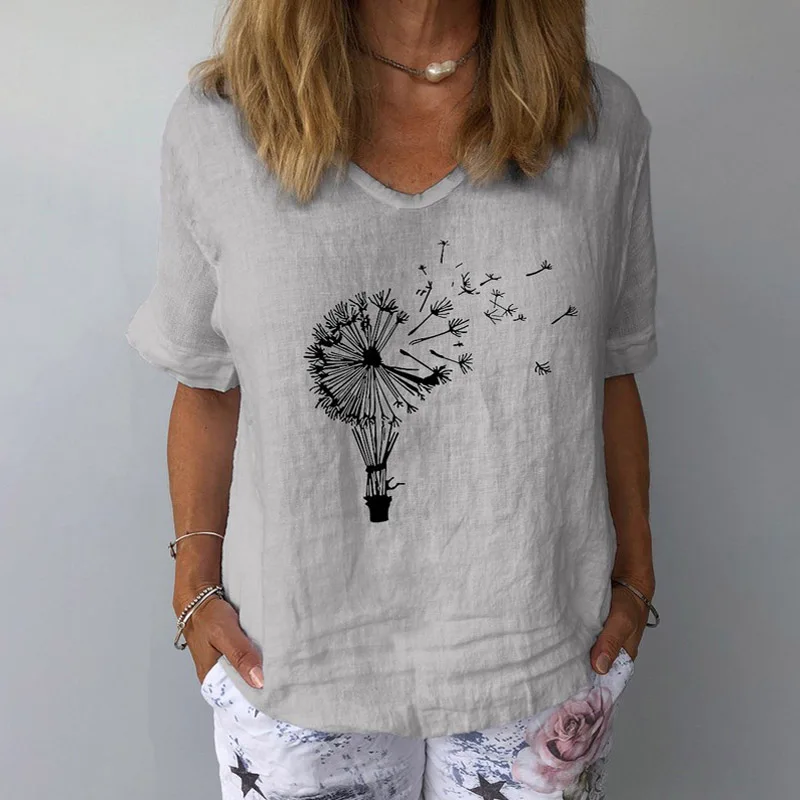 Рубашка женская льняная с цветочным принтом Элегантная блузка V-образным вырезом