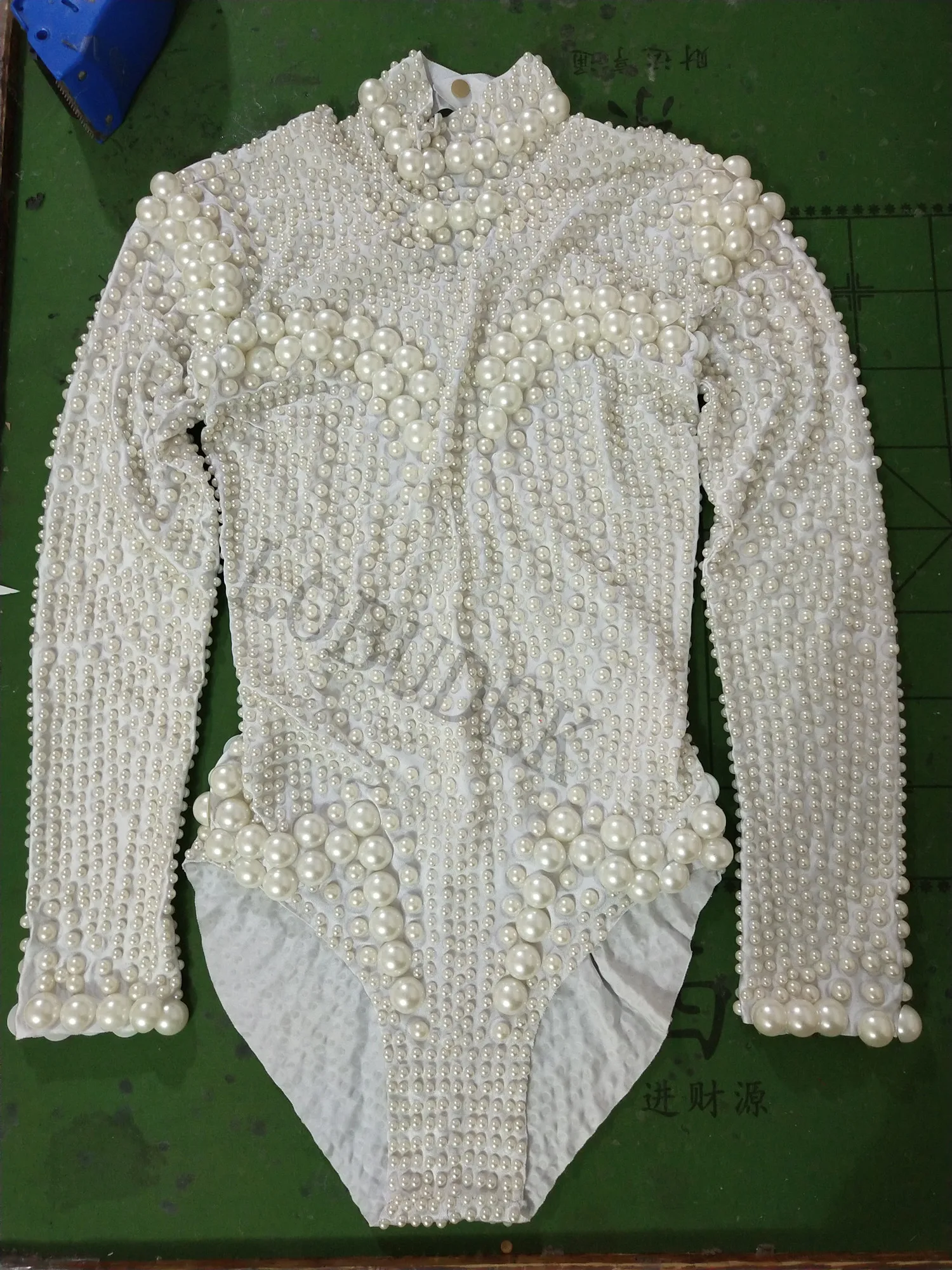 White Pearls Tight-fitting Bodysuit Long Sleeve Elastic Beads Bodysuits Sexy Singer Dancer Leotard Stage Wear Nightclub Costumes