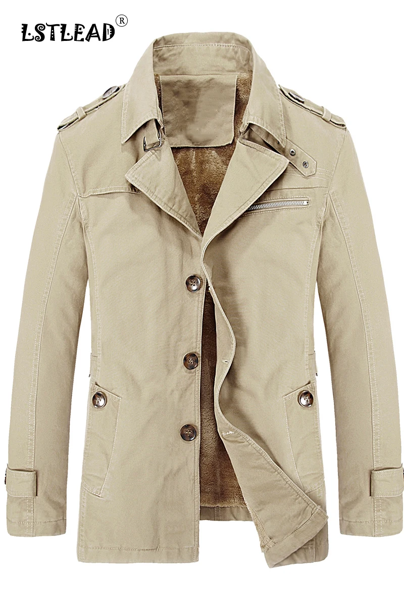 

Men's Autumn and Winter Plus Velvet Thick Cotton Mid-length Windbreaker Men's Lapel Tooling Jacket Korean Version of the Trend