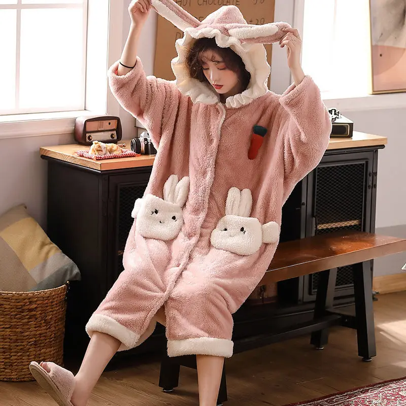 Coral Velvet Rabbit Ears Pajamas Female Fall and Winter Korean Version of The Student Cute Plus Velvet Home Clothes Robe Sets