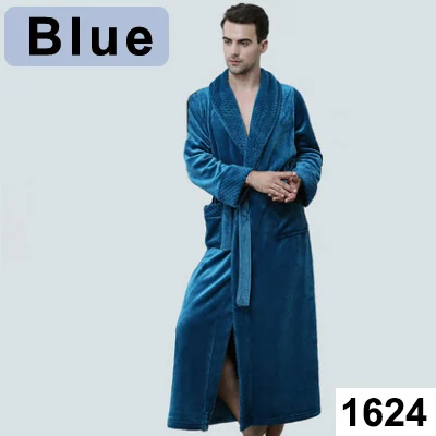 Men Blue Мужской удлиненный фланелевый зимний теплый халат размера плюс, вафельное кимоно, банный халат для женщин и мужчин, халат из кораллового флиса - Цвет: Men Blue
