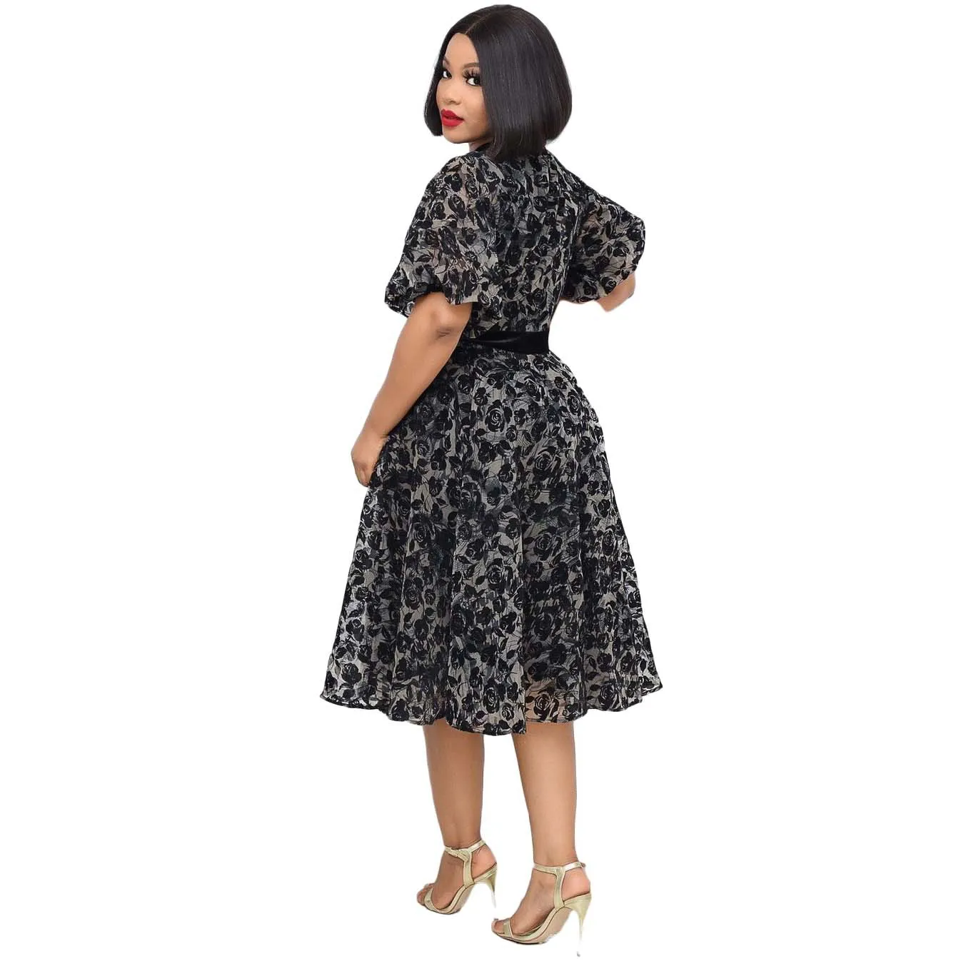 

Summer Dress 2021 New Temperament Stand-up Collar Black Mesh Dresses Waist Lace Stitching Fashion Slim Dress