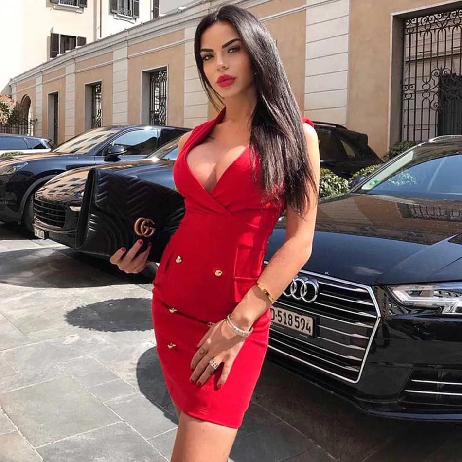 Женское двубортное мини платье облегающее без рукавов с V образным вырезом