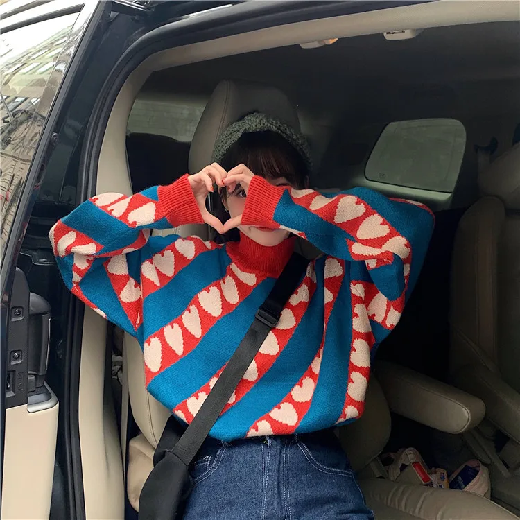 Casual Loose High Collar Love Sweater Women's Sweaters Japanese Kawaii Ulzzang Female Korean Harajuku Clothing For Women | Женская