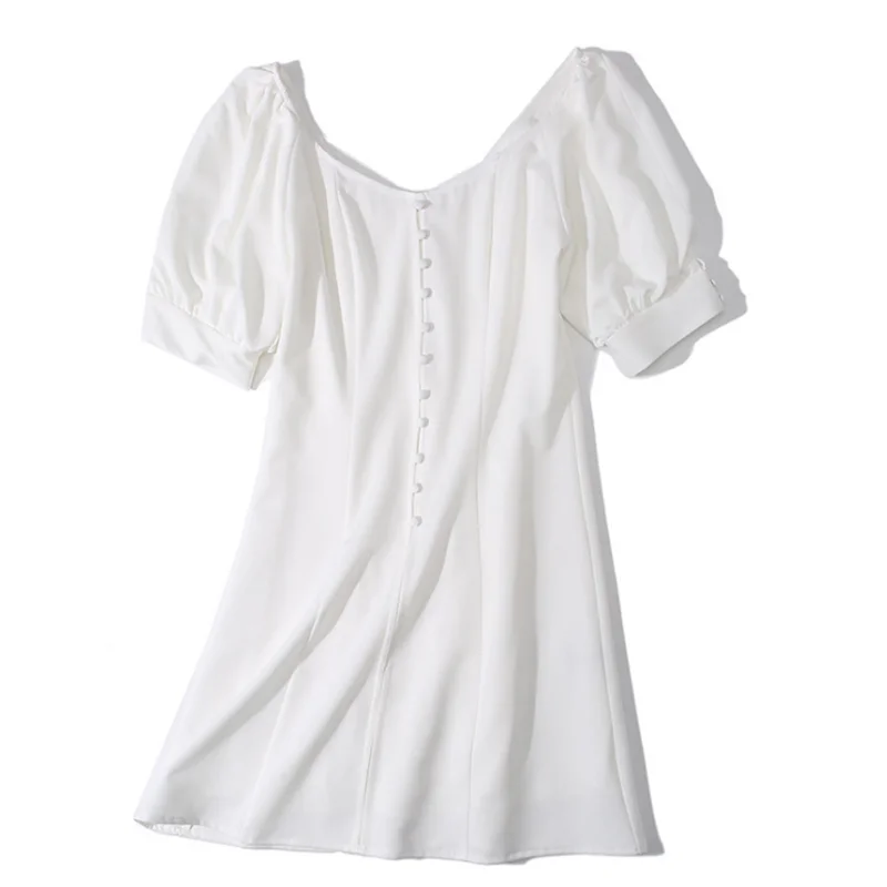 

2021 Summer Women's Dress Short A-Line Female Mini Dresses V-Neck Puff Sleeve Slim Light Casual Women Clothing Cotton Clothes