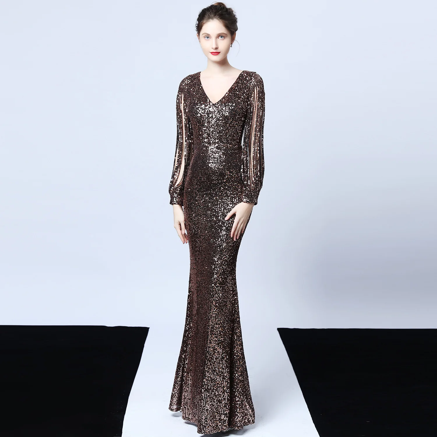 С короткими кисточками рукавом Русалка Вечерние платья Черное вечернее платье