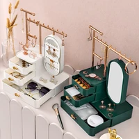 jewelry organizer with makeup mirror rotating earring ring necklace display rack drawer type lipstick storage box