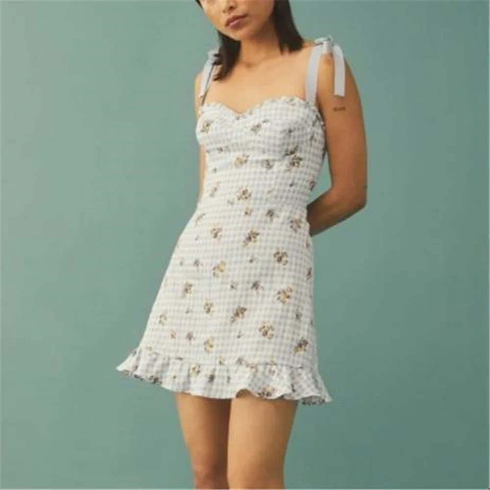 

Vintage dresses for women party sexy floral dress women blue plaid dress mini elegant spaghetti strap dress ruffle backless