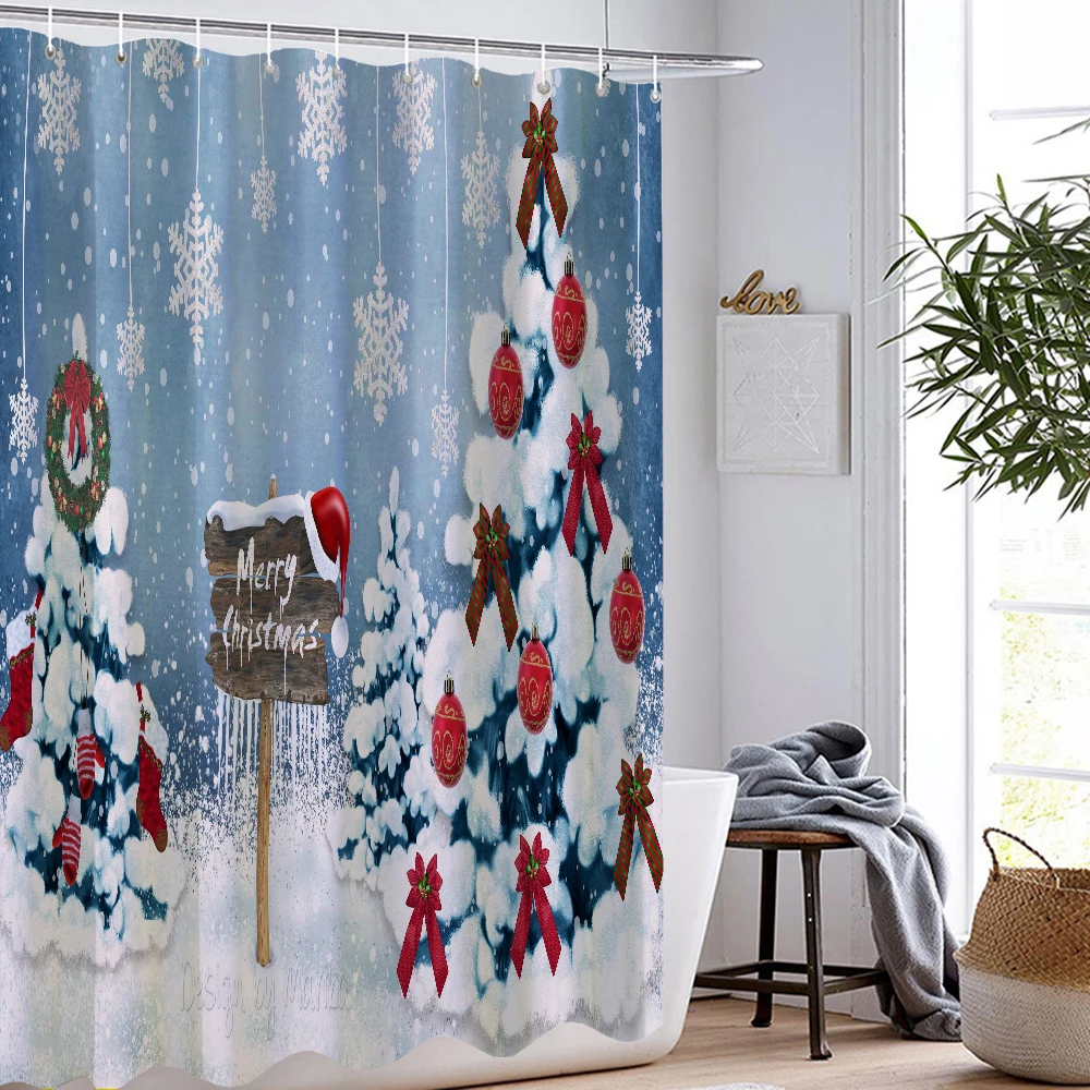 

Christmas Tree Shower Curtains Merry Christmas Party Bathroom Curtain Polyester Fabric Bath Curtain Washable Screen with Hooks