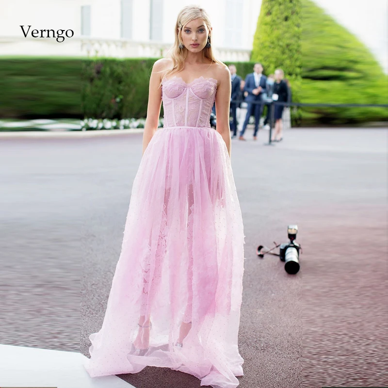 

Verngo Lace Evening Dress Pink Appliques Formal Dress Backless Evening Gown Vintage Prom Dress Party Abiye Gece Elbisesi