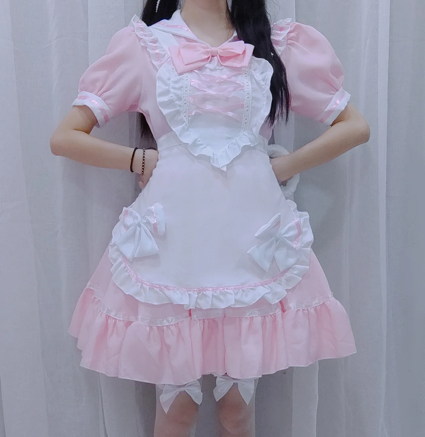 Женский наряд горничной аниме милый кот розовый синий кружевной обрезанный