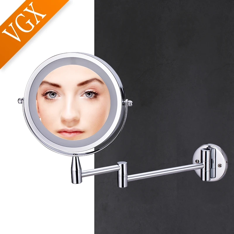 

VGX Bathroom LED Makeup Mirror Folding Extend Arm 8 Inch Desktop Vanity Cosmetic Mirrors Magnifying 5x Double Side Round Chrome
