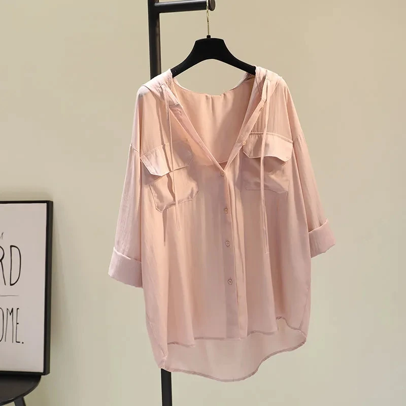 

White hooded sunscreen clothes women's Cotton hemp 2021 summer new double pocket loose Korean thin shirt casual shirt P3 306
