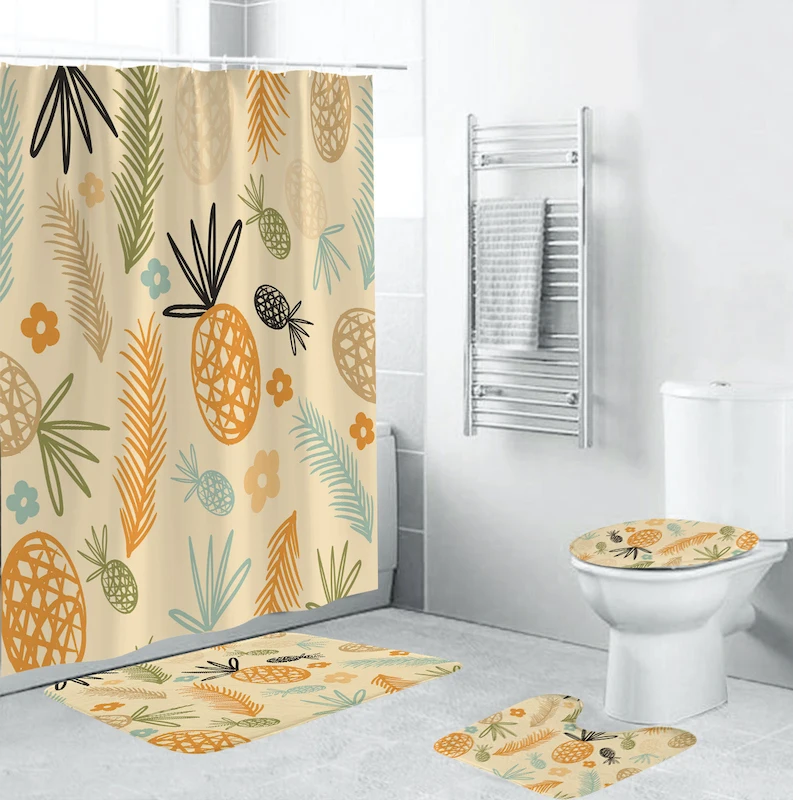 

Colorful Pineapple Printing Shower Curtains Waterproof Bathroom Curtain Non-slip Bathroom Mats Polyester Fourpiece Sets