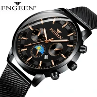 fngeen quartz wristwatches men fashion stainless steel band black dial mens watch waterproof luminous hands relogio masculino