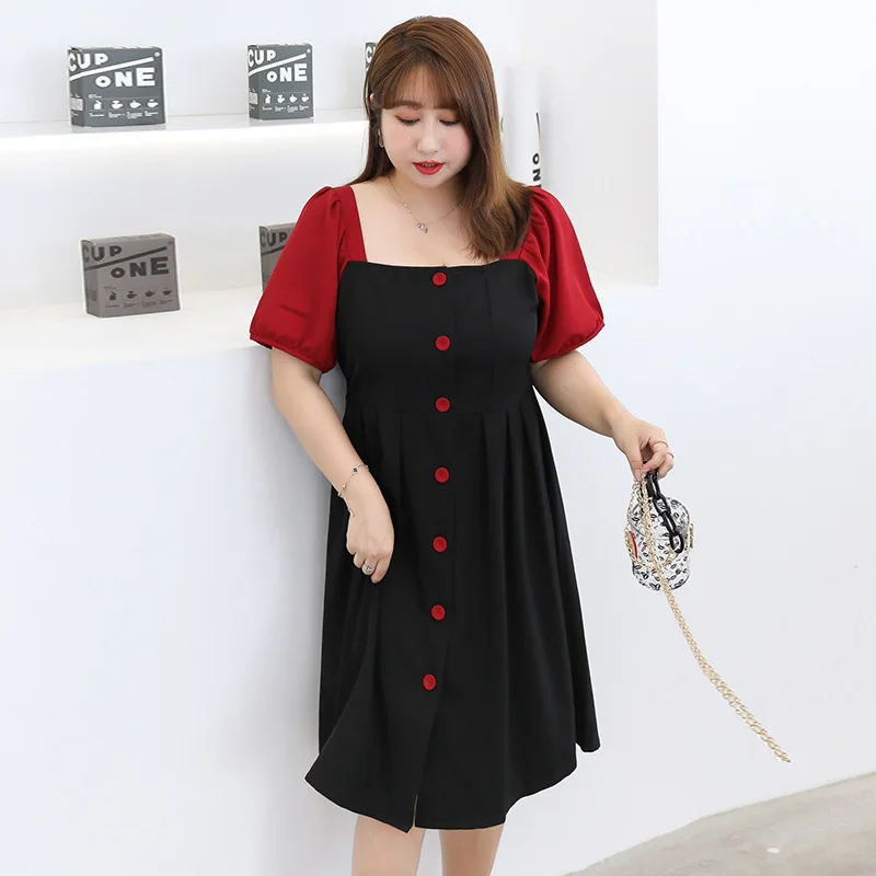 

Women's Summer Chiffon Contrast Color Square Collar Puff Sleeve Dress Plus Size Knee Length Casual Wear 100kg Can Wear