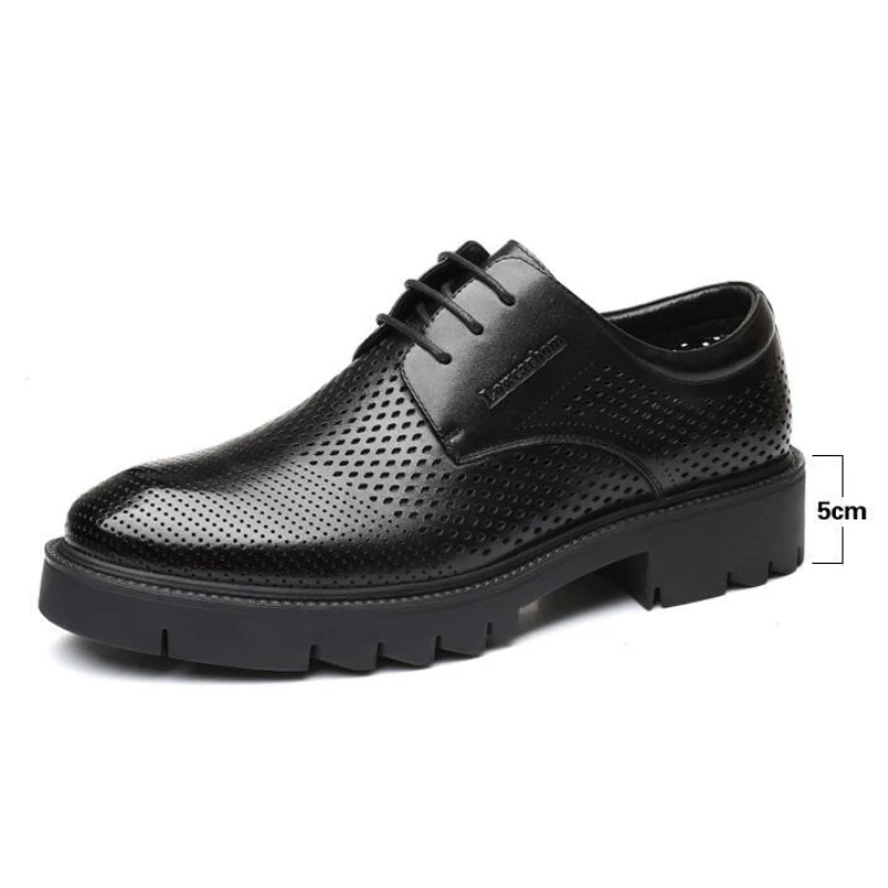 Summer New Men's Leather Sandals 10 CM Taller Hollow Breathable Hole Male Sandals Mens Business Formal Platform Shoes 8CM