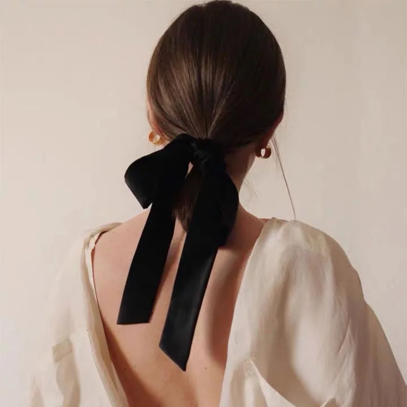 

Vintage Black Velvet Bowknot Hair Band Scrunchies For Women Girls Long Elastic Hair Tie Headwear Woman Hair Accessories