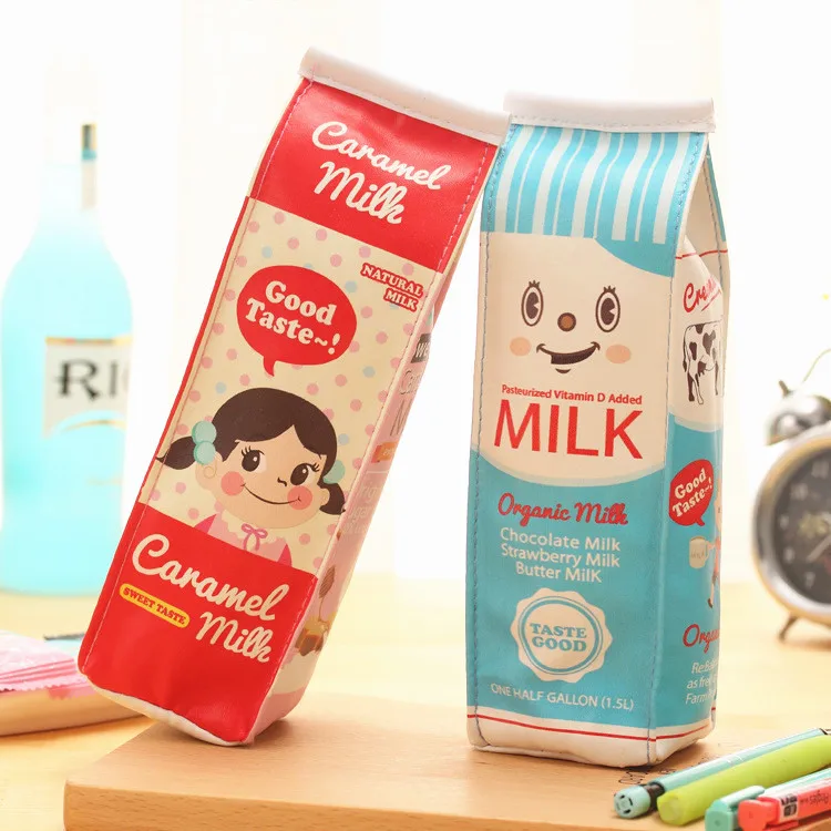 

Kawaii молочная картонная коробка, сумка для ручек, мультяшный школьный чехол для карандашей, симпатичная сумка для ручек из искусственной кож...