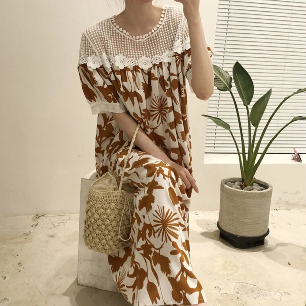 

2021 Summer New Korean Fashion Splicing Lace Sexy Perspective Printing Women's Dress Loose Casual Round Neck Summer
