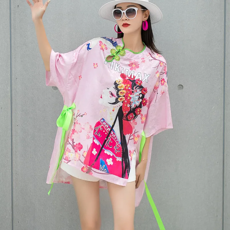 

Vefadisa Chinese Style Peking Opera Characters Women T-shirt 2021 Summer Sequin Female T-shirt Oversize Women Ribbon Top QYF5745
