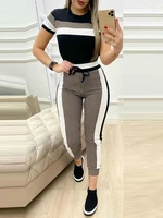 plaid striped short sleeve tape top drawstring pants set casual basic women two piece set
