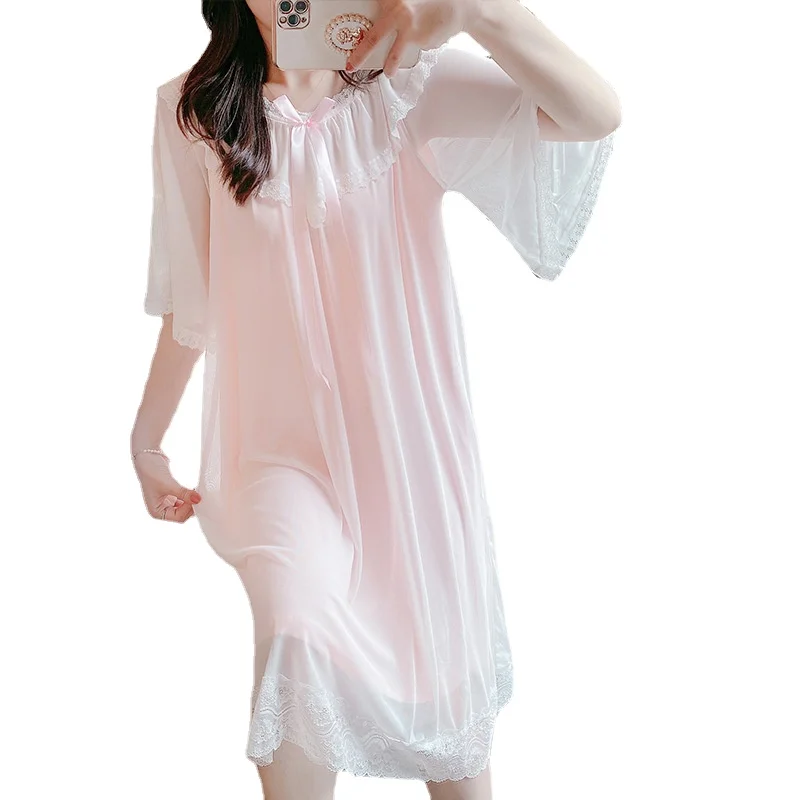 New Palace Style Nightdress Women's Summer Short Sleeve Korean Sexy Dress Lace Nightgown with Bra Home Skirt Lady Sleepwear