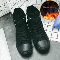 new high top canvas shoes womens breathable casual winter plus velvet all black hook loop sneakers zapatillas mujer