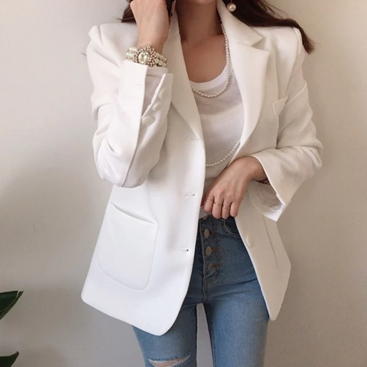 

Ailegogo New 2020 Autumn Winter Women's Blazers Casual Buttons Pockets Jackets Notched Vintage Oversize Wild Lady Tops JK1302