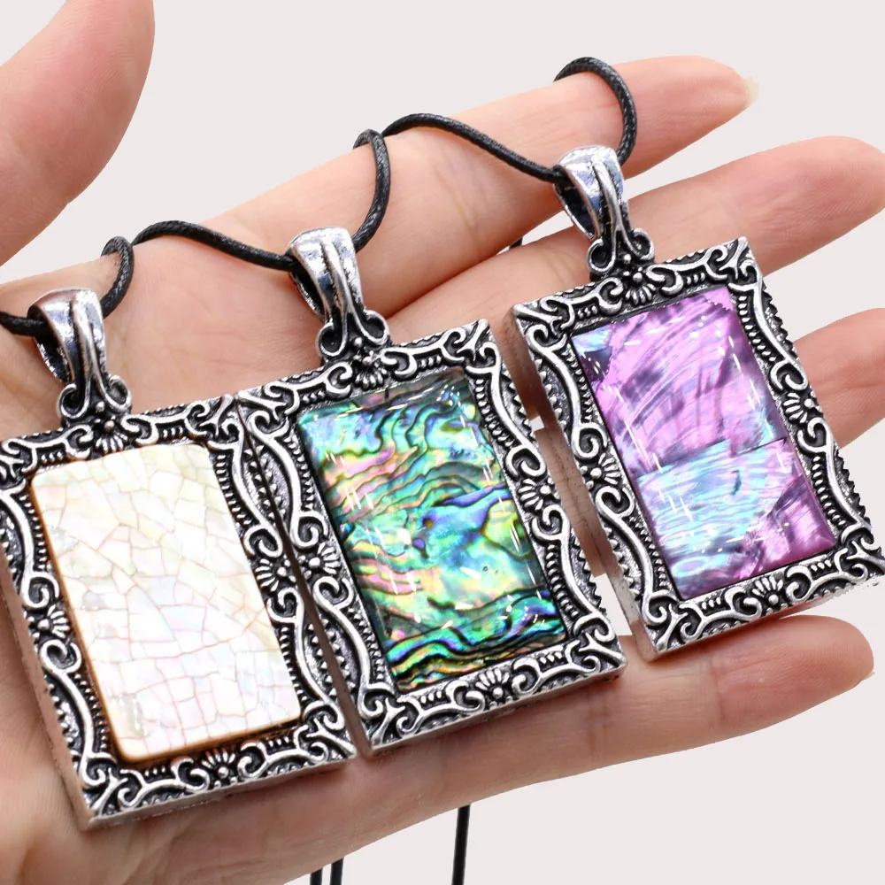 

New Natural Shell Pendant Necklace Rectangle Zinc Alloy Lace Abalone Shell Pendant Necklace for Making DIY Jewerly Gift 30x60mm