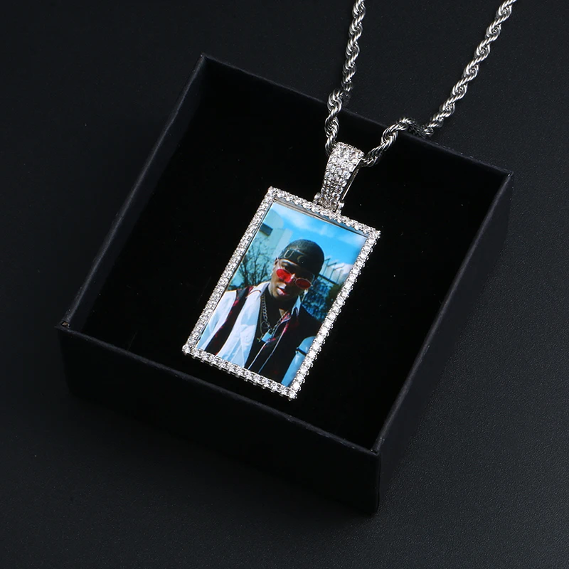 Rectangle Custom Made Photos Medallions Pendant Necklace With AAA Cubic Zircon Rope Cuban Tennis Chain Drop Shipping Gift Box