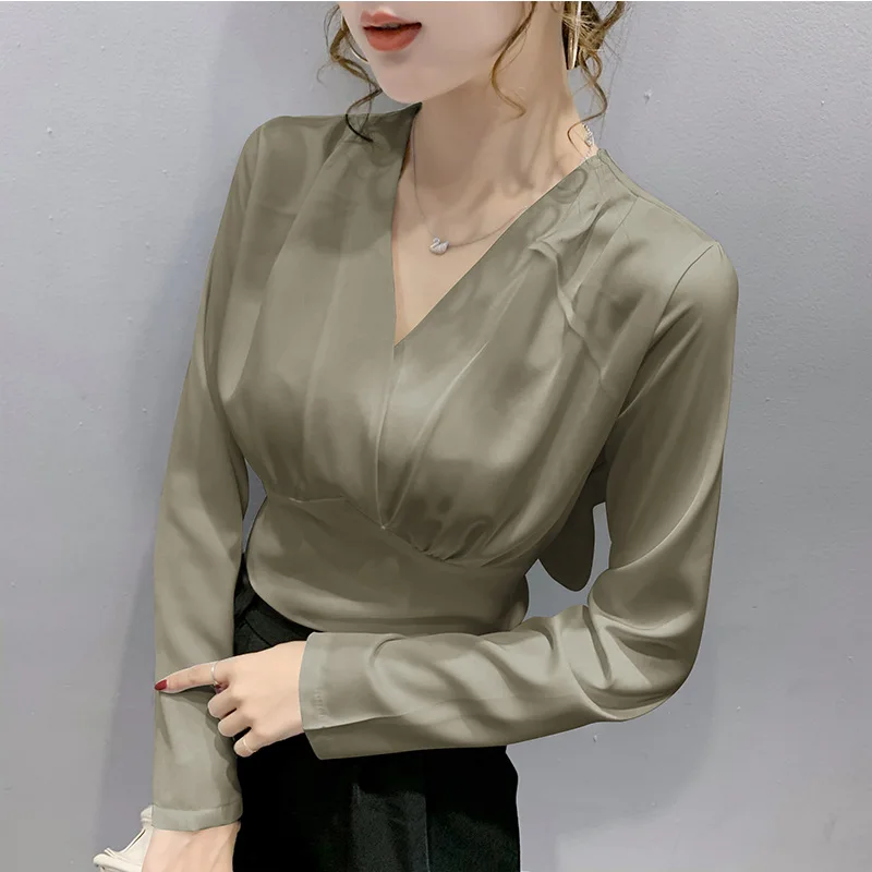 Autumn 2020 New Design Sense Small V-Neck Top For Women's Blouse Thin High Waist Short Navel Free Long Sleeve Women's Shirt