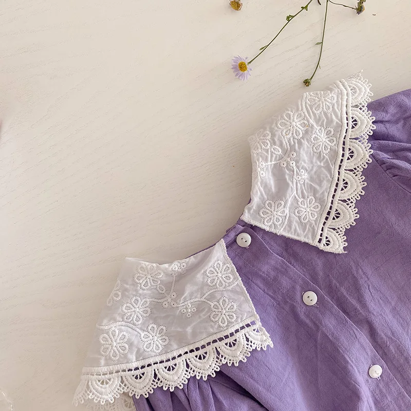 

Autumn fashion lace embroidery big turn-down collar dresses for girls cotton loose princess dress