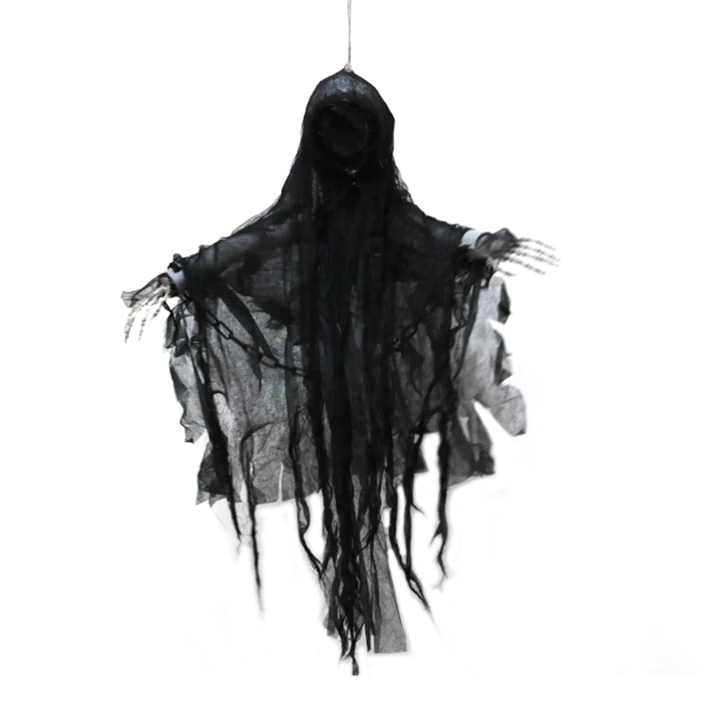 

Q0KF Scary Halloween Hanging Ghost Noise Activated Sound Effect Glowing Red Eyes Prop