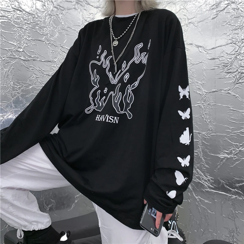 Camiseta De Estilo Coreano Harajuku Para Mujer, Top Negro Con Estampado Retro, Estilo Bf Holgado De Fondo, Tendencia Hoodie бра fondo sl591 501 01