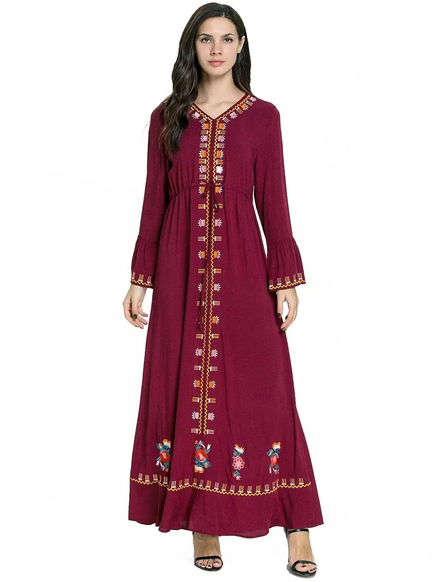 Женское мусульманское платье Abaya длинное с v образным вырезом и вышивкой Jalabiya