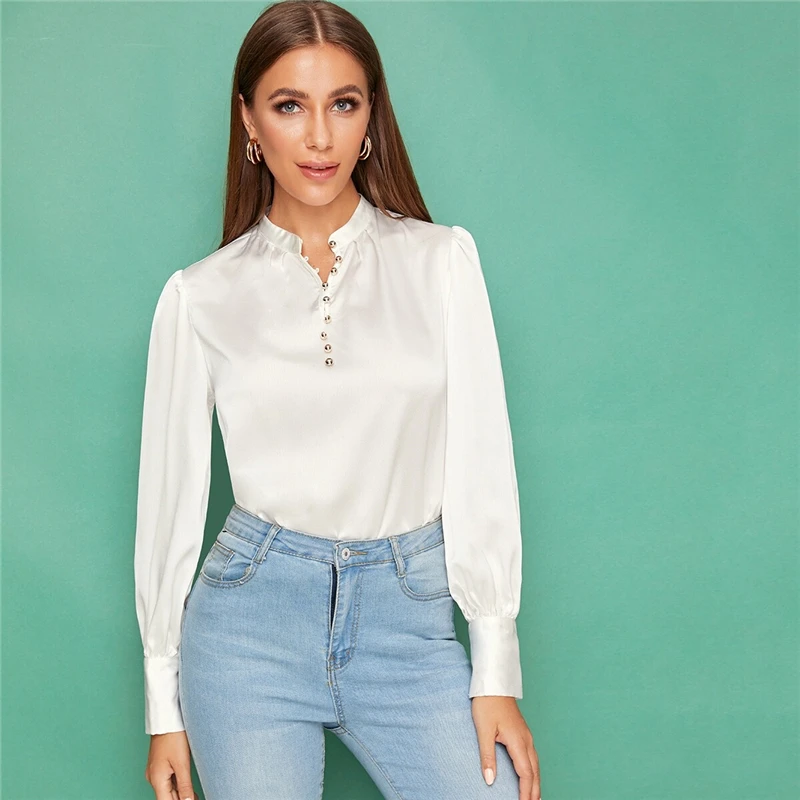 SHEIN белый пуговицы спереди Фонари рукав Атласный топ монотонная блузка Для женщин сезон осень, со стоячим воротником женские офисные элегантная абайя блузки