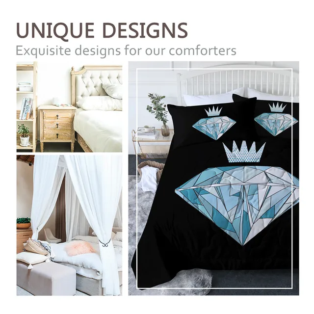 BlessLiving Diamond Summer Quilt Set Crown Comforter Geometric Bed Cover Set Black Blue Housse De Couette 3PCS Modern Bedspreads 2