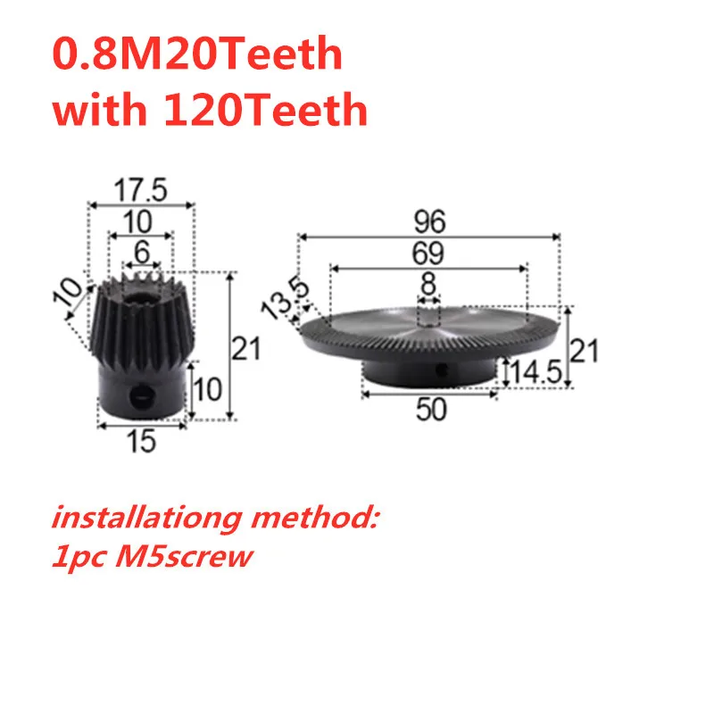 

6：1 bevel gear 0.8modulus 20teeth with 120teeth inner hole 6-8mm 90 degree drive reverse steel gear steel gear