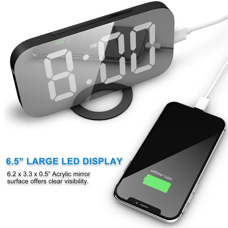 

Digital LED Alarm Clock Mirror Clock Nap Display Time Night LED Display 2 USB Charging Ports Home Decoration