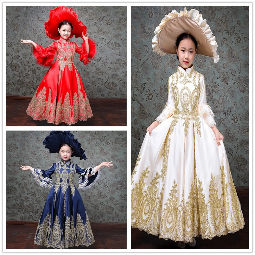Victorian Marie Antoinette Children Evening Party Dresses Medieval Gold Appliques Birthday Party Ball Gowns Costumes With Hat