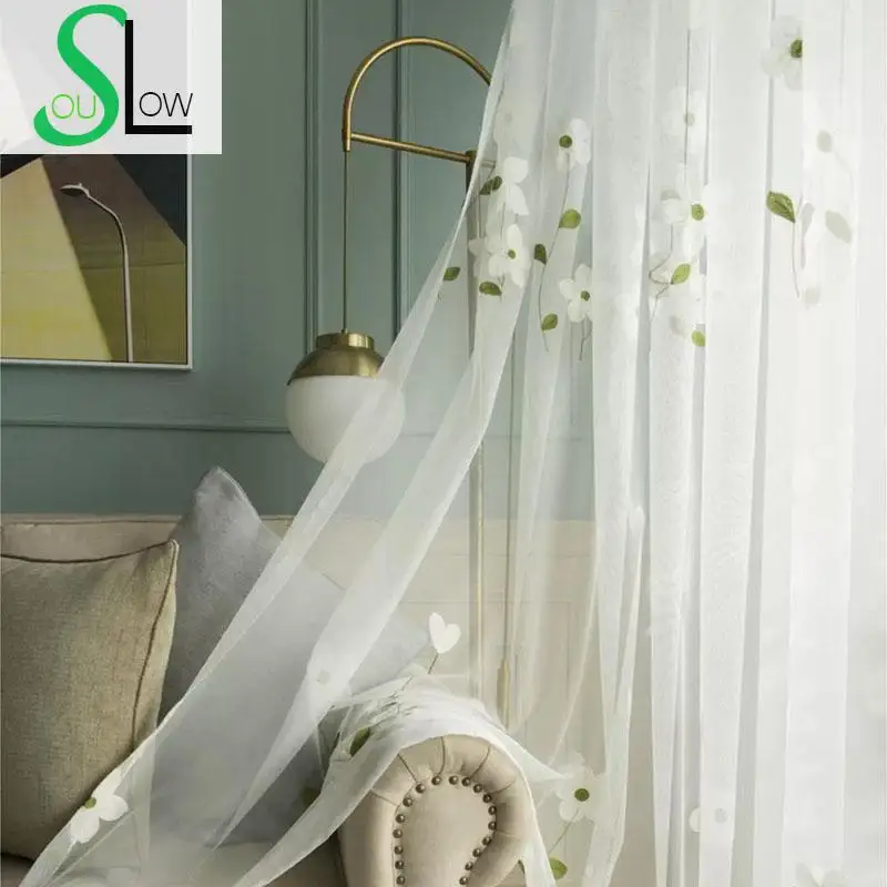 Slow Soul-cortinas florales blancas para sala de estar, dormitorio, cocina, transparentes, Magnolia, hojas verdes bordadas, tul Pastoral