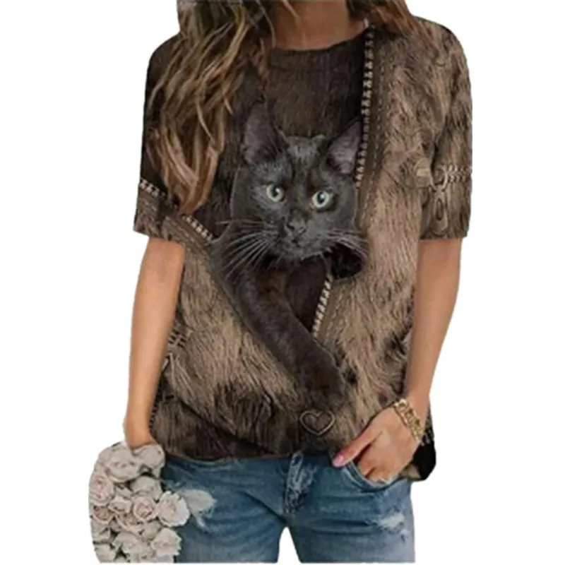

2021 New Womens Pullover 3d Cartoon Cat Print T Shirt O-Neck Short Sleeve Loose T Shirts Spring Casual Plus Size Tops